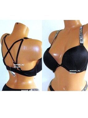 38C Victoria Secret Swim Shine Strap Bombshell Push Up Bikini TOP +2 Cups black
